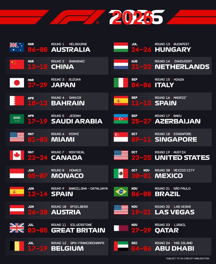 Uscito il calendario con le date de GP del 2026
